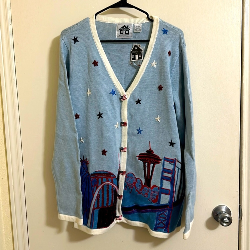 Storybook Knits Light Blue Scenic Embroidered Cardigan